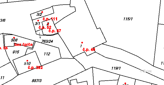Slatinice 46 na parcele st. 1 v KÚ Slatinice na Hané, Katastrální mapa