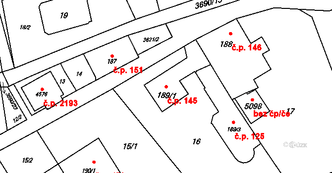Rožnov pod Radhoštěm 145 na parcele st. 189/1 v KÚ Rožnov pod Radhoštěm, Katastrální mapa