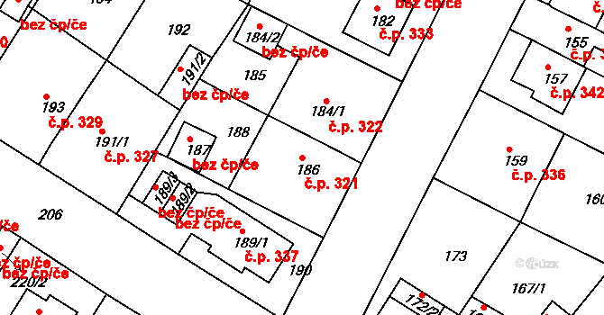 Novosedlice 321 na parcele st. 186 v KÚ Novosedlice, Katastrální mapa