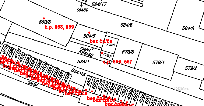 Komín 556,557, Brno na parcele st. 579/6 v KÚ Komín, Katastrální mapa
