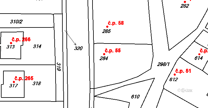 Lipůvka 55 na parcele st. 284 v KÚ Lipůvka, Katastrální mapa