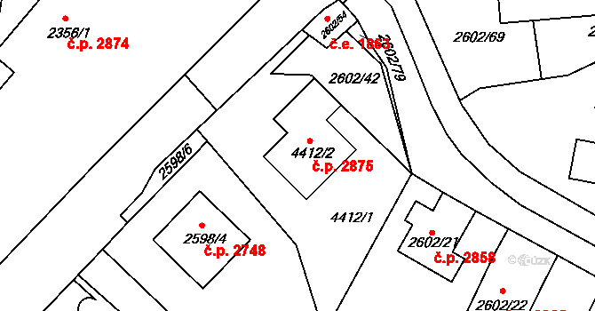Teplice 2875 na parcele st. 4412/2 v KÚ Teplice, Katastrální mapa