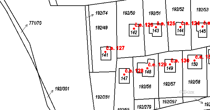 Dřenice 127, Cheb na parcele st. 141 v KÚ Dřenice u Chebu, Katastrální mapa