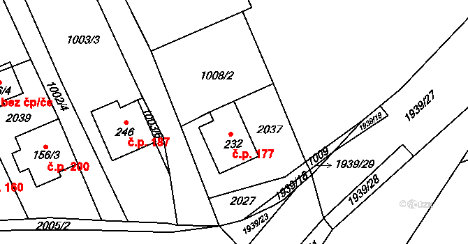 Kunovice 177 na parcele st. 232 v KÚ Kunovice, Katastrální mapa