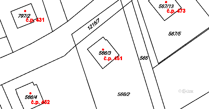 Nebušice 451, Praha na parcele st. 566/3 v KÚ Nebušice, Katastrální mapa