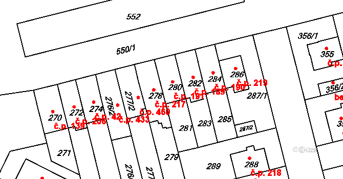 Střížkov 191, Praha na parcele st. 280 v KÚ Střížkov, Katastrální mapa