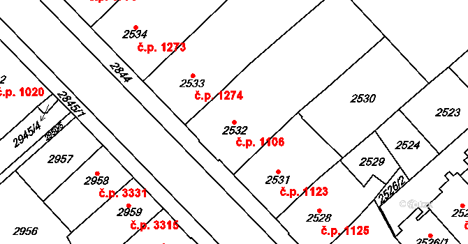 Chomutov 1106 na parcele st. 2532 v KÚ Chomutov I, Katastrální mapa