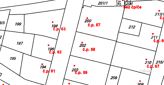 Hvozdec 58 na parcele st. 202 v KÚ Hvozdec u Veverské Bítýšky, Katastrální mapa