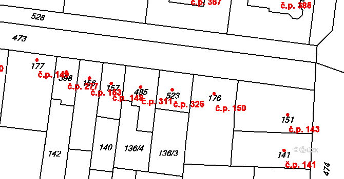 Krasice 326, Prostějov na parcele st. 523 v KÚ Krasice, Katastrální mapa