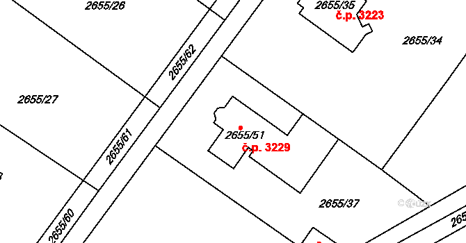 Teplice 3229 na parcele st. 2655/51 v KÚ Teplice, Katastrální mapa
