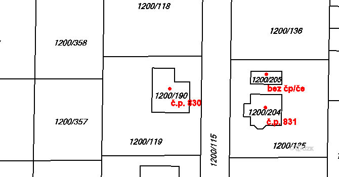 Vejprnice 830 na parcele st. 1200/190 v KÚ Vejprnice, Katastrální mapa
