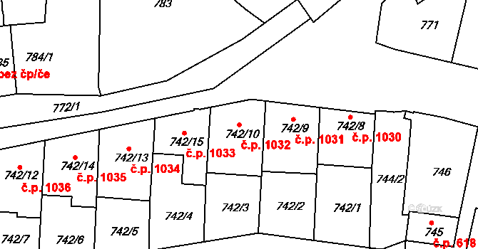 Jemnice 1032 na parcele st. 742/10 v KÚ Jemnice, Katastrální mapa