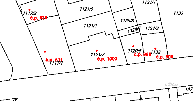 Štýřice 1003, Brno na parcele st. 1121/7 v KÚ Štýřice, Katastrální mapa