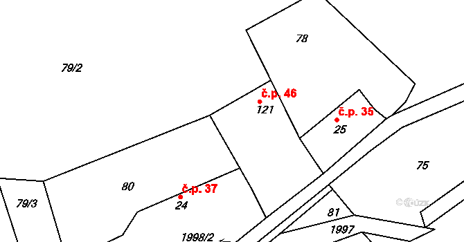 Nahoruby 46, Křečovice na parcele st. 121 v KÚ Nahoruby, Katastrální mapa