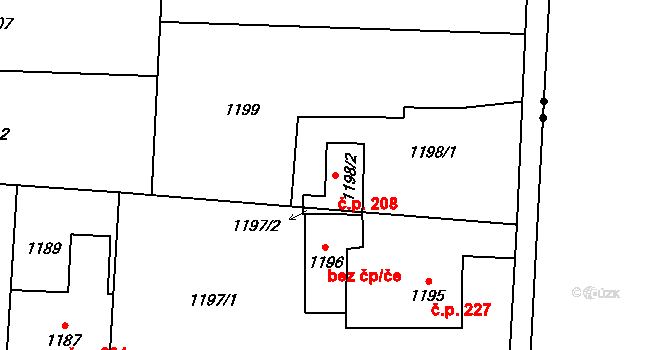 Dolní Žukov 208, Český Těšín na parcele st. 1198/2 v KÚ Dolní Žukov, Katastrální mapa