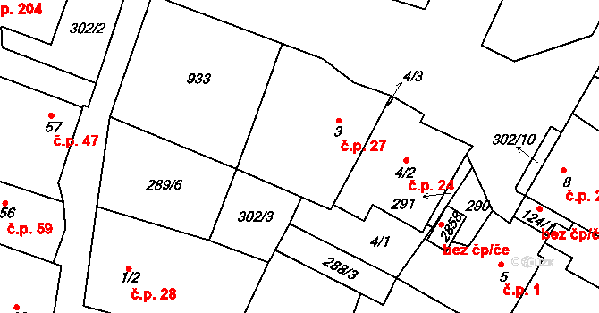 Neratovice 27 na parcele st. 3 v KÚ Neratovice, Katastrální mapa
