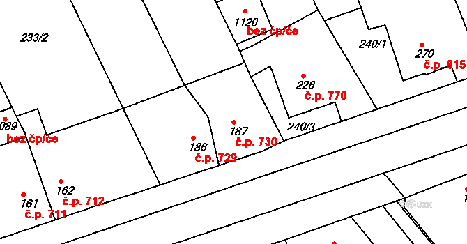Rudná 730 na parcele st. 187 v KÚ Hořelice, Katastrální mapa