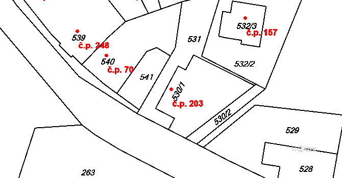 Jasenná 203 na parcele st. 530/1 v KÚ Jasenná, Katastrální mapa