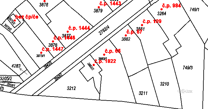 Bílé Předměstí 65, Pardubice na parcele st. 3883/1 v KÚ Pardubice, Katastrální mapa