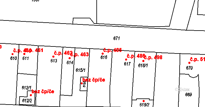Podbořany 485 na parcele st. 616 v KÚ Podbořany, Katastrální mapa
