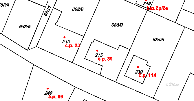 Herálec 39 na parcele st. 215 v KÚ Herálec, Katastrální mapa