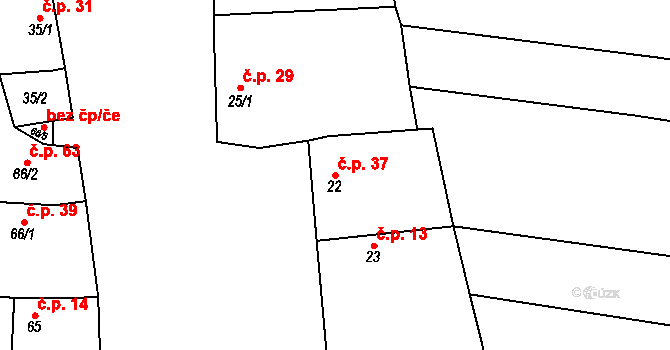 Hlinsko pod Hostýnem 37, Bystřice pod Hostýnem na parcele st. 22 v KÚ Hlinsko pod Hostýnem, Katastrální mapa