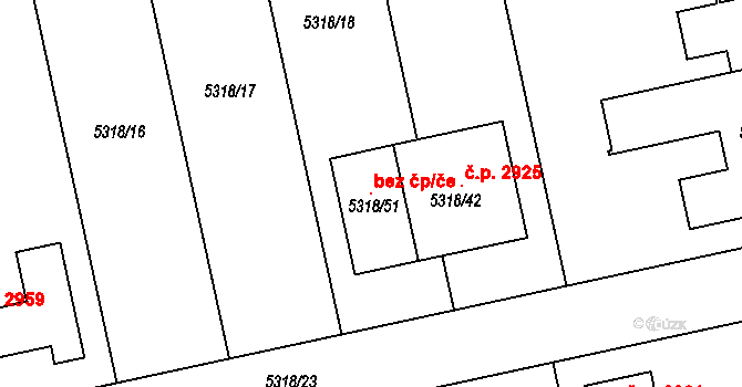 Brno 102959579 na parcele st. 5318/51 v KÚ Líšeň, Katastrální mapa