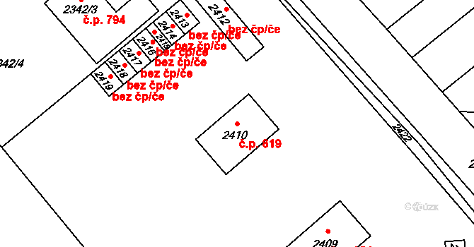 Libušín 619 na parcele st. 2410 v KÚ Libušín, Katastrální mapa