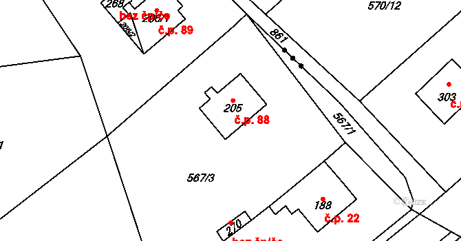 Kladruby 88 na parcele st. 205 v KÚ Kladruby u Teplic, Katastrální mapa