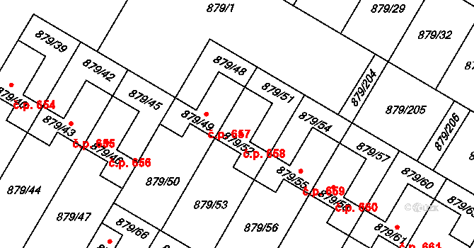 Kosmonosy 658 na parcele st. 879/52 v KÚ Kosmonosy, Katastrální mapa