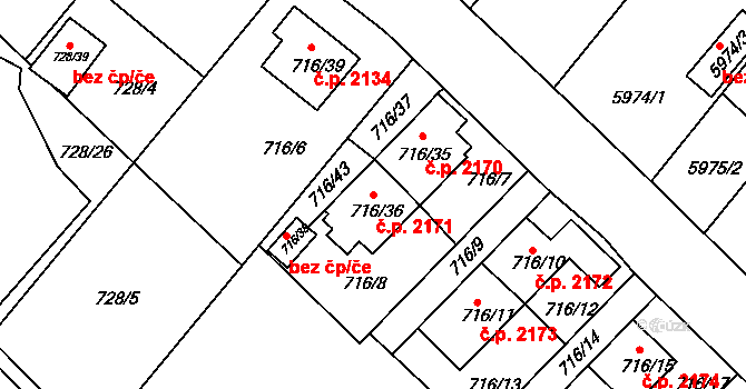 Frýdek 2171, Frýdek-Místek na parcele st. 716/36 v KÚ Frýdek, Katastrální mapa