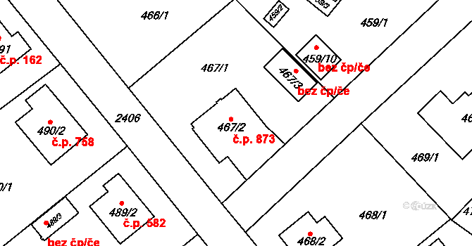 Kunratice 873, Praha na parcele st. 467/2 v KÚ Kunratice, Katastrální mapa