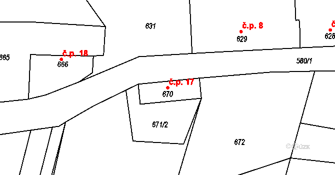 Strpí 17, Číčenice na parcele st. 670 v KÚ Číčenice, Katastrální mapa