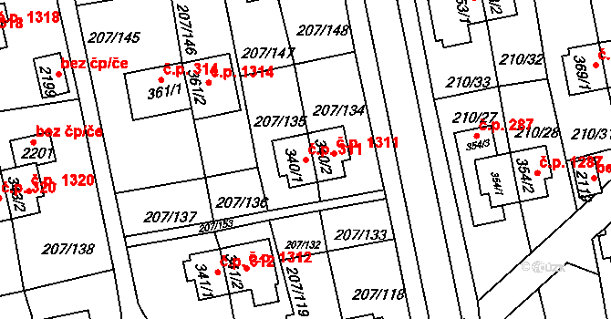 Sezimovo Ústí 311 na parcele st. 340/1 v KÚ Sezimovo Ústí, Katastrální mapa