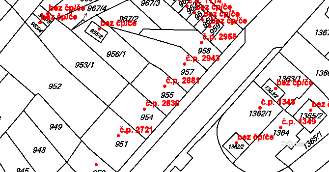 Chomutov 2881 na parcele st. 955 v KÚ Chomutov II, Katastrální mapa