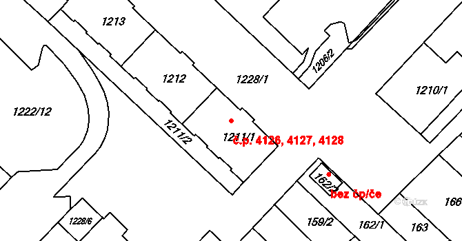 Chomutov 4126,4127,4128 na parcele st. 1211/1 v KÚ Chomutov II, Katastrální mapa
