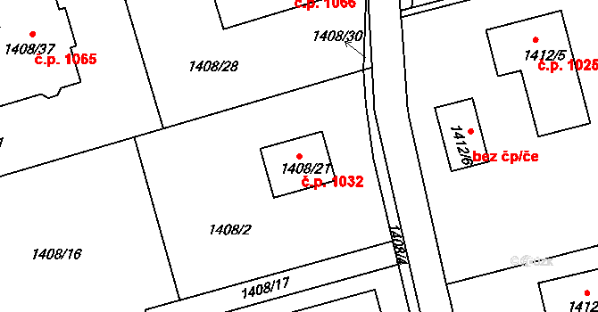 Karlík 1032 na parcele st. 1408/21 v KÚ Karlík, Katastrální mapa