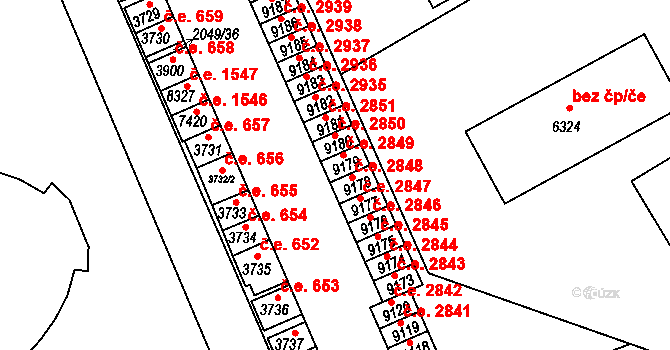 Hodonín 2849 na parcele st. 9179 v KÚ Hodonín, Katastrální mapa