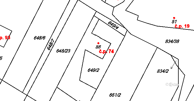Křižínkov 74 na parcele st. 88 v KÚ Křižínkov, Katastrální mapa