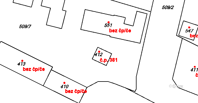 Mšeno 381 na parcele st. 412 v KÚ Mšeno, Katastrální mapa