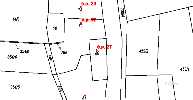Kytín 27 na parcele st. 80 v KÚ Kytín, Katastrální mapa