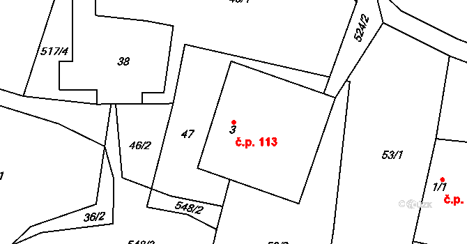 Mírov 113 na parcele st. 3 v KÚ Míroveček, Katastrální mapa