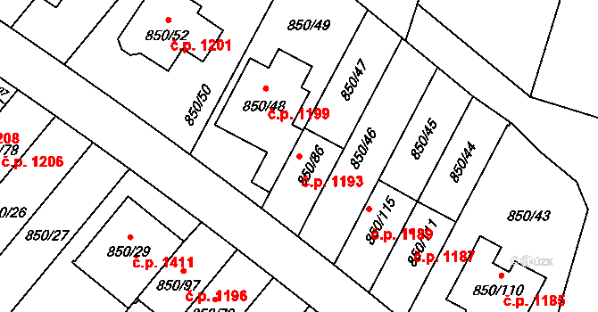 Mohelnice 1193 na parcele st. 850/86 v KÚ Mohelnice, Katastrální mapa