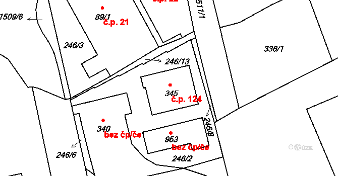 Domoradice 124, Český Krumlov na parcele st. 345 v KÚ Přísečná-Domoradice, Katastrální mapa