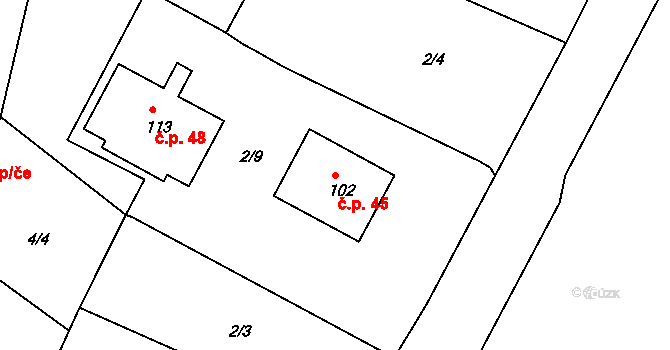 Velký Bor 45, Strunkovice nad Blanicí na parcele st. 102 v KÚ Velký Bor u Strunkovic, Katastrální mapa