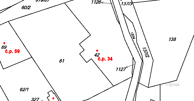 Dlouhá Ves 34, Rychnov nad Kněžnou na parcele st. 42 v KÚ Dlouhá Ves u Rychnova nad Kněžnou, Katastrální mapa