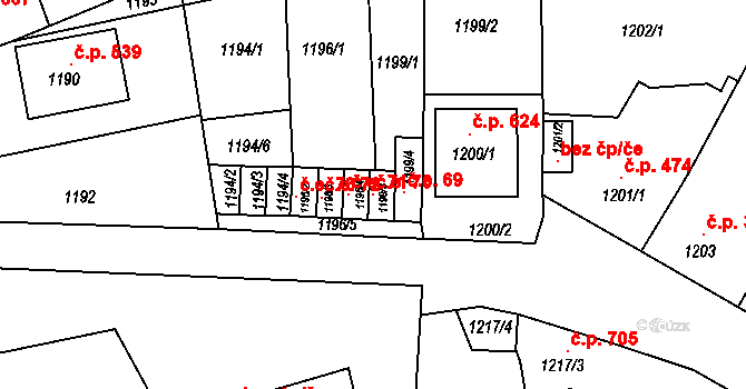 Šitbořice 70 na parcele st. 1199/3 v KÚ Šitbořice, Katastrální mapa