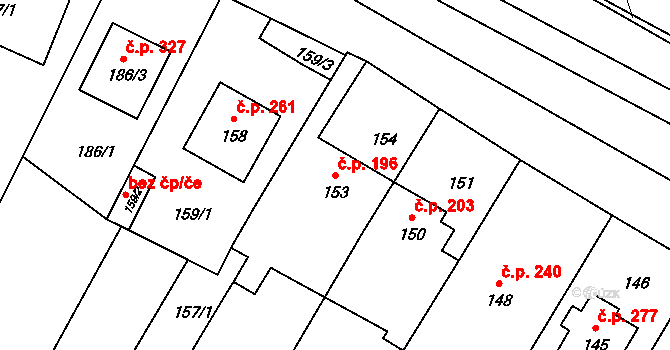Rychlov 196, Bystřice pod Hostýnem na parcele st. 153 v KÚ Rychlov u Bystřice pod Hostýnem, Katastrální mapa