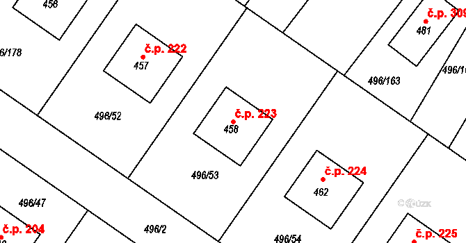 Polerady 223 na parcele st. 458 v KÚ Polerady u Prahy, Katastrální mapa