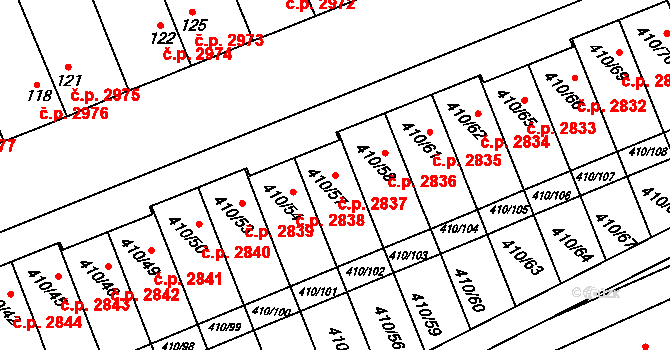 Znojmo 2837 na parcele st. 410/57 v KÚ Znojmo-Louka, Katastrální mapa